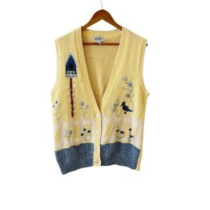 Koret Birdhouse Floral Bird Sweater Vest Womens M Yellow Garden Cottagecore